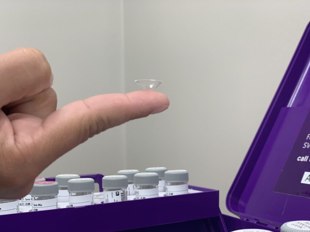 Michigan Contact Lens | Top 5 Signs You Need a Dry Eye Specialist in Detroit A diagnostic scleral lens from a fitting kit, used by a Dry Eye Specialist in Detroit to find a custom fit.