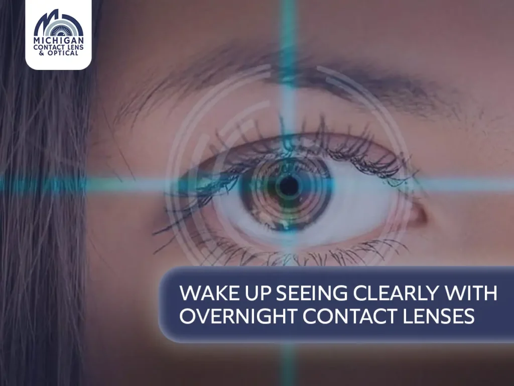 Eye image with a feature of overnight contact lenses saying "Wake Up Seeing Clearly with Overnight Contact Lenses"