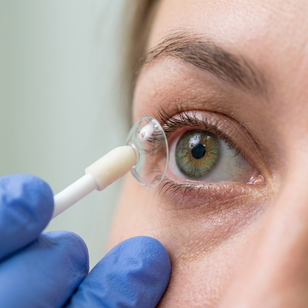 Scleral lens being placed on the eye, which settles over the first hour
