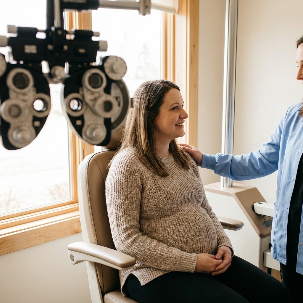 Pregnant woman at an eye exam for keratoconus monitoring