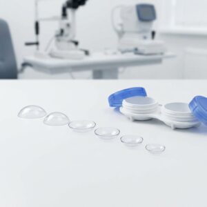 Several scleral contact lenses of different sizes, representing scleral lens brand options