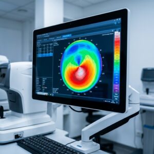 Corneal topography map showing a keratoconus cone