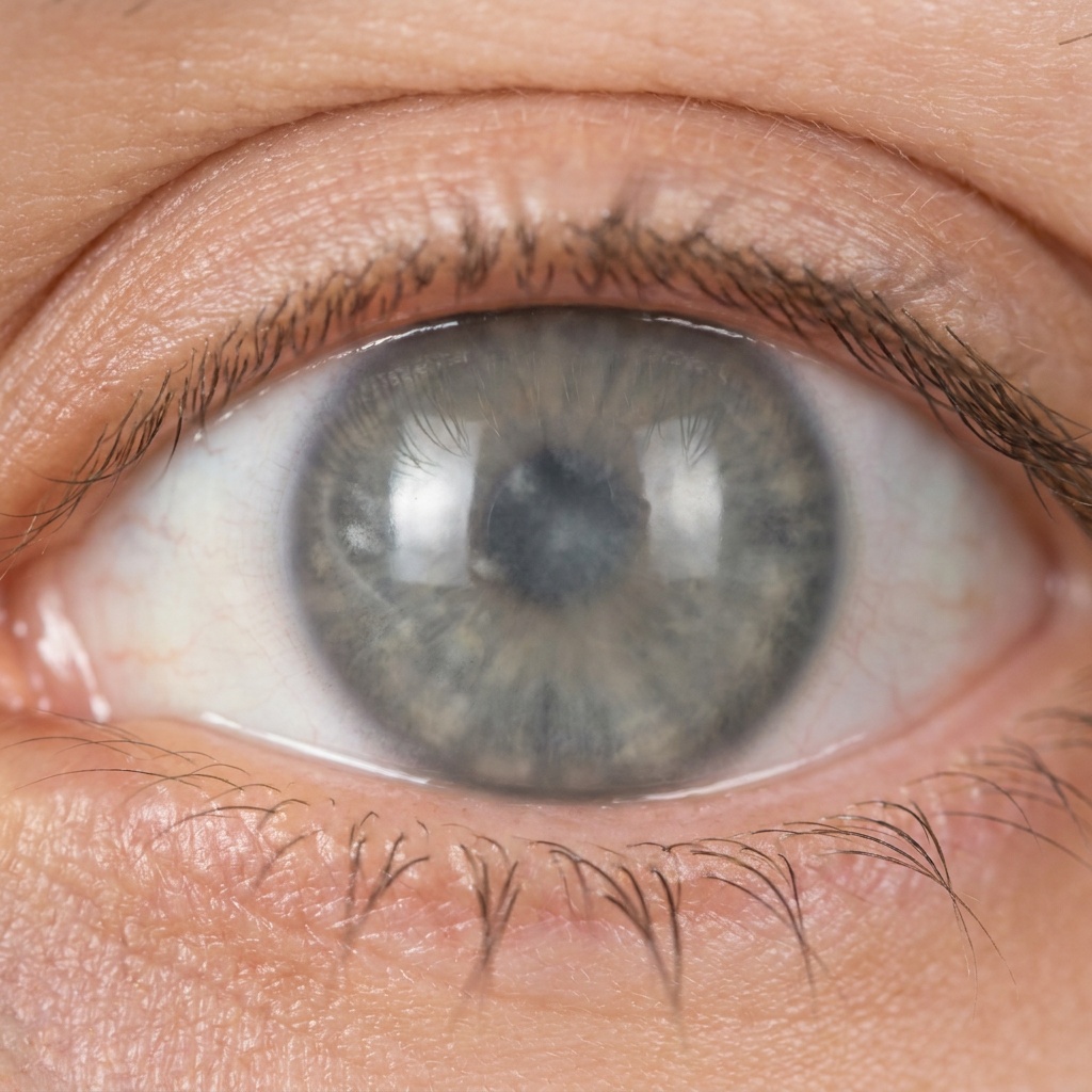 Close-up of an eye with corneal dystrophy showing cloudy deposits within the cornea