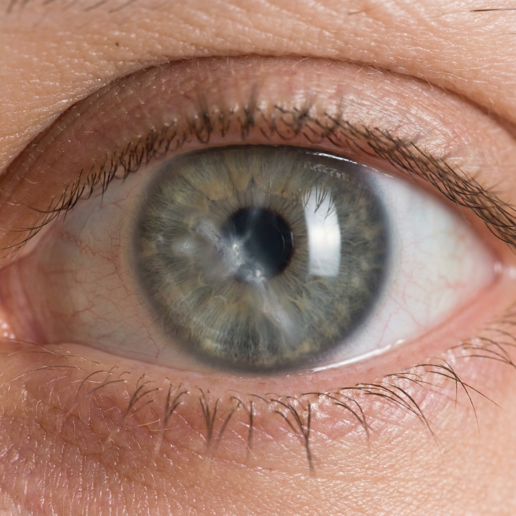 Close-up of an eye with a corneal scar showing a whitish opacity on the cornea