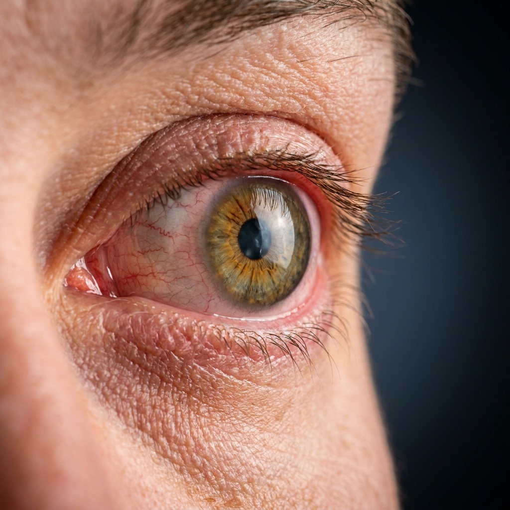 Inflamed red eye representing ocular graft-versus-host disease