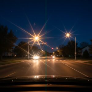 Split-screen comparison of night driving vision with keratoconus showing halos and starbursts around headlights versus clear vision with scleral lenses