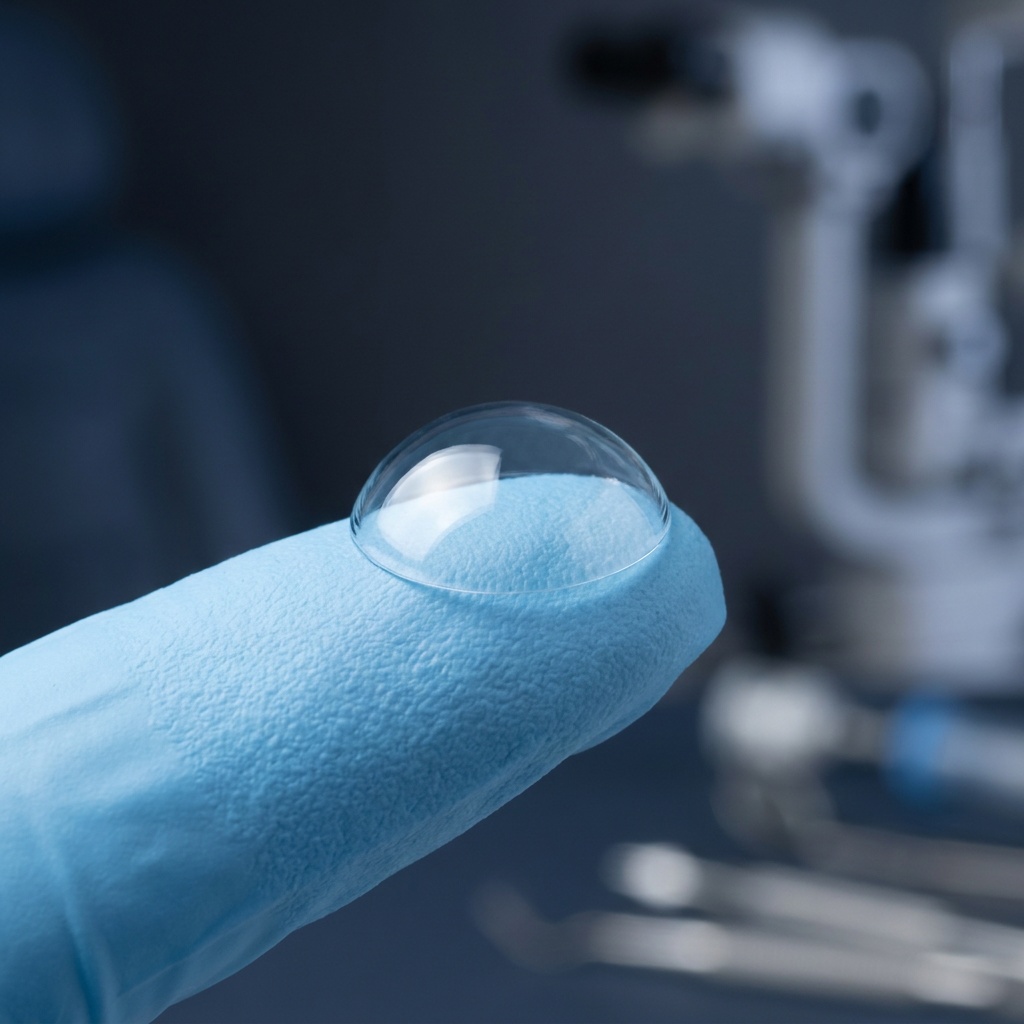 Clear scleral contact lens balanced on a fingertip