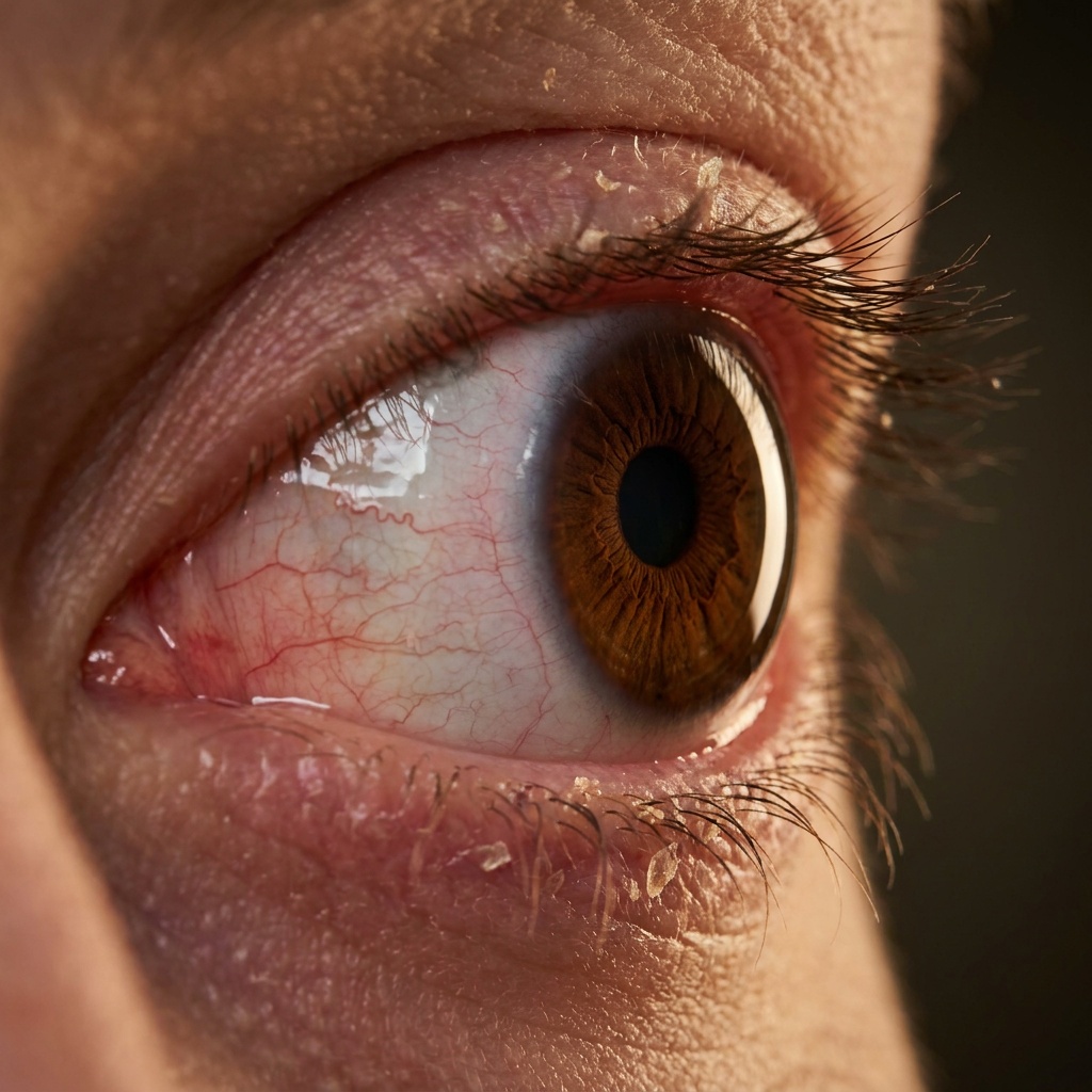 Close-up of a red irritated eye with severe dry eye disease