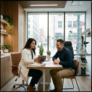 Patient consulting an optometrist about scleral lenses