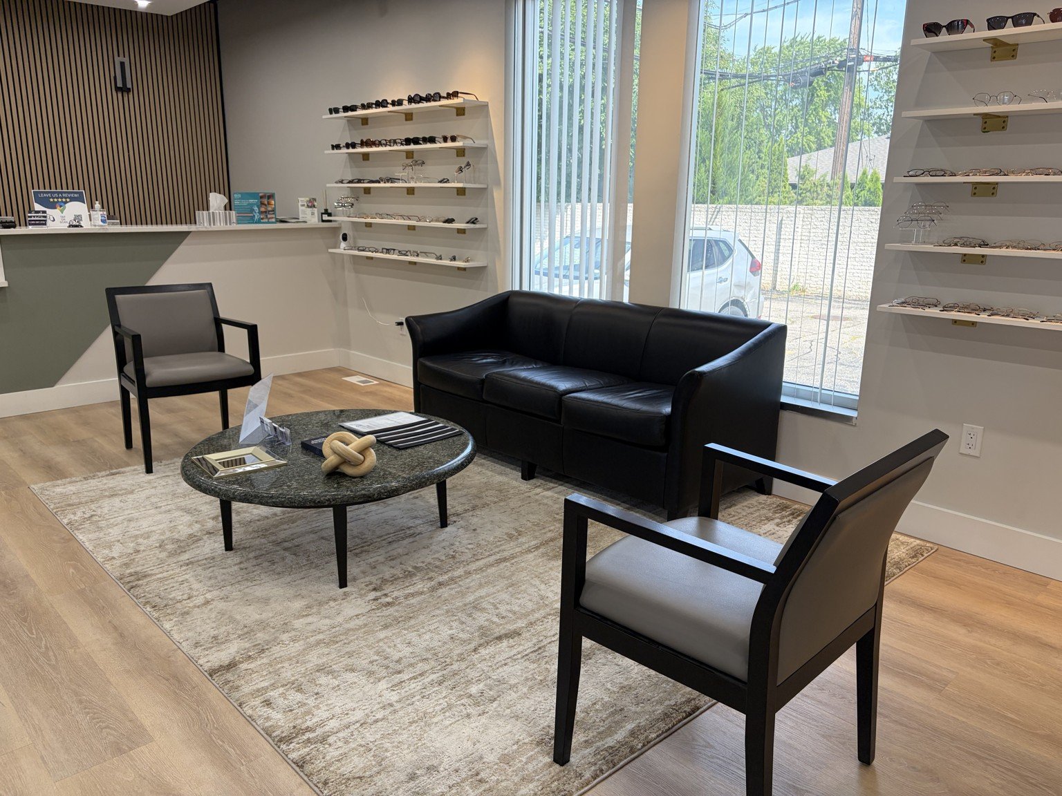 The waiting area and eyewear display at Michigan Contact Lens in Southfield