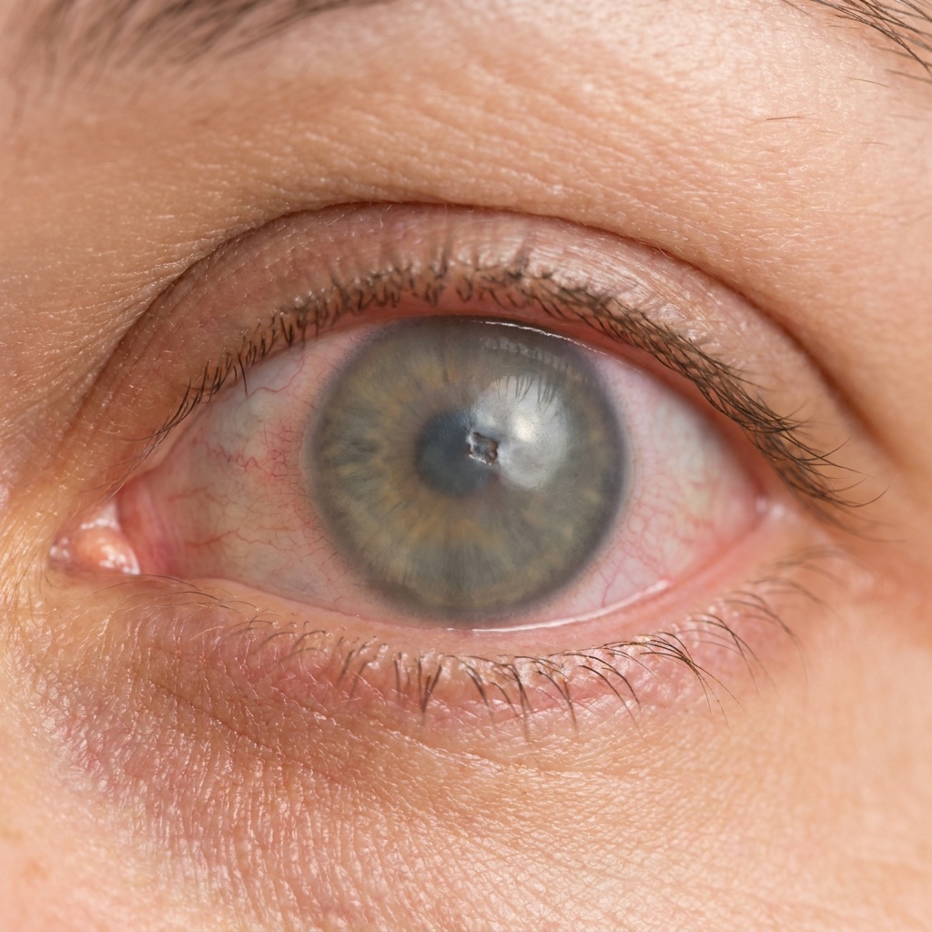 Close-up of an eye with neurotrophic keratitis showing a hazy cornea
