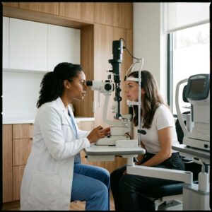 Optometrist examining a keratoconus patient near Royal Oak with a slit lamp