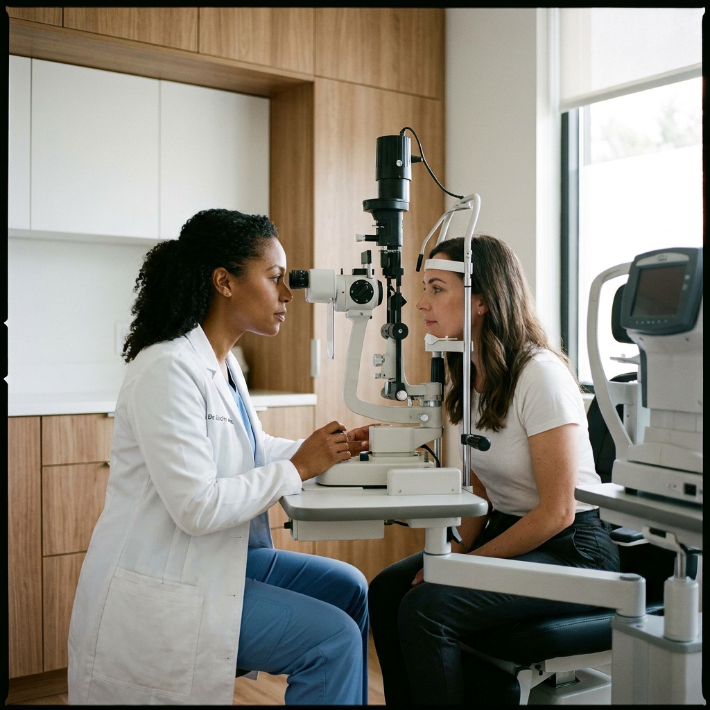 Optometrist examining a keratoconus patient near Royal Oak with a slit lamp