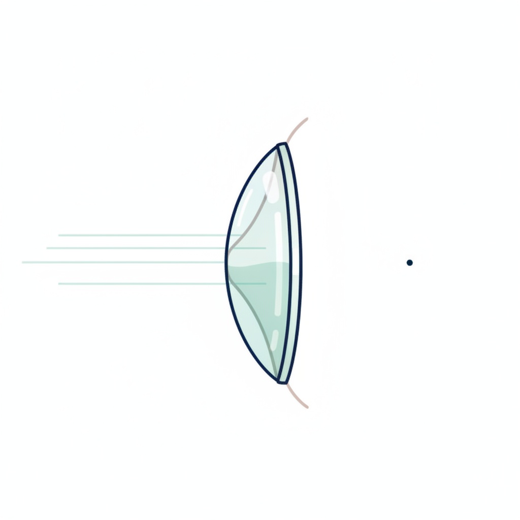 Cross-section diagram of a scleral lens vaulting over an irregular cornea with a saline fluid reservoir focusing light to a single point