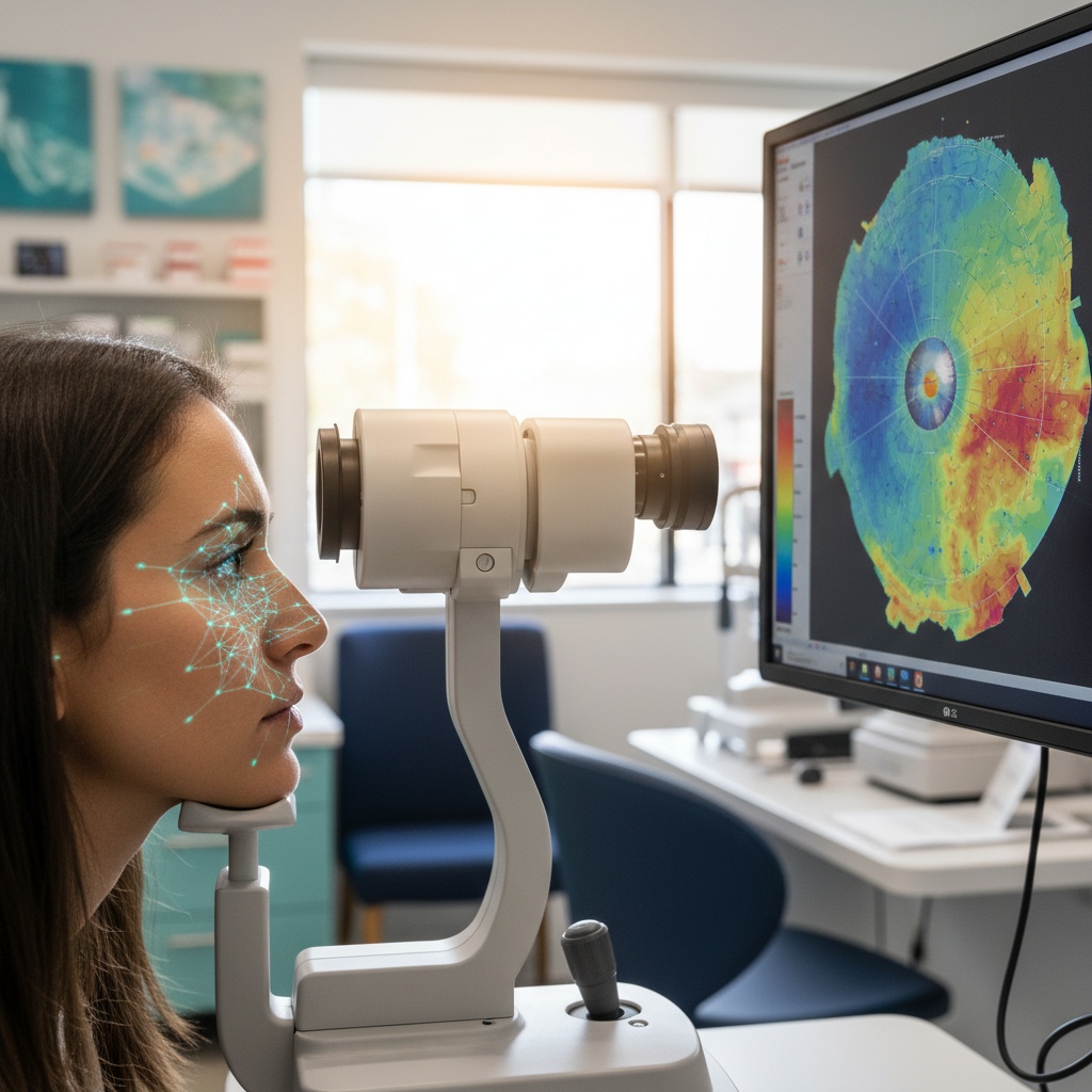 Patient undergoing a non-contact 3D profilometry scan to map the eye surface for a custom scleral lens fitting