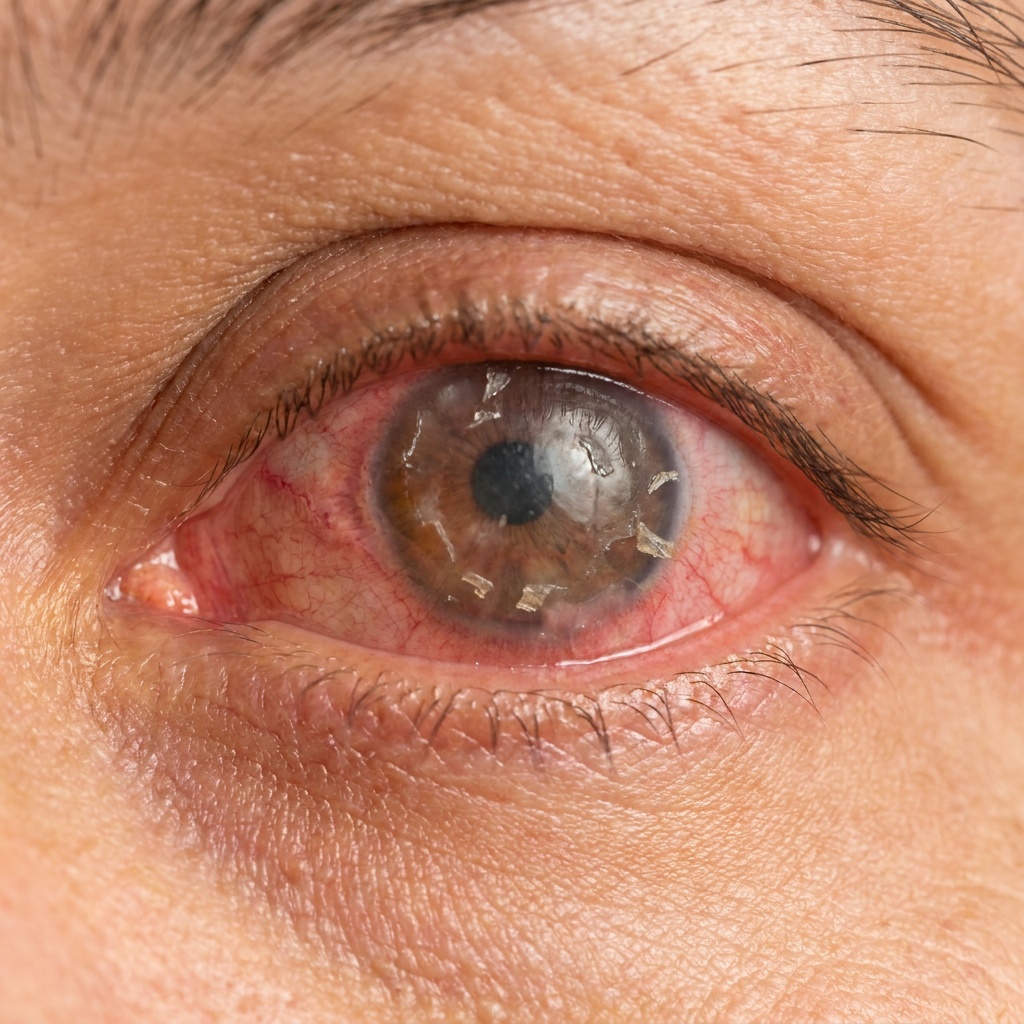 Close-up of an eye affected by Stevens-Johnson syndrome with ocular surface scarring