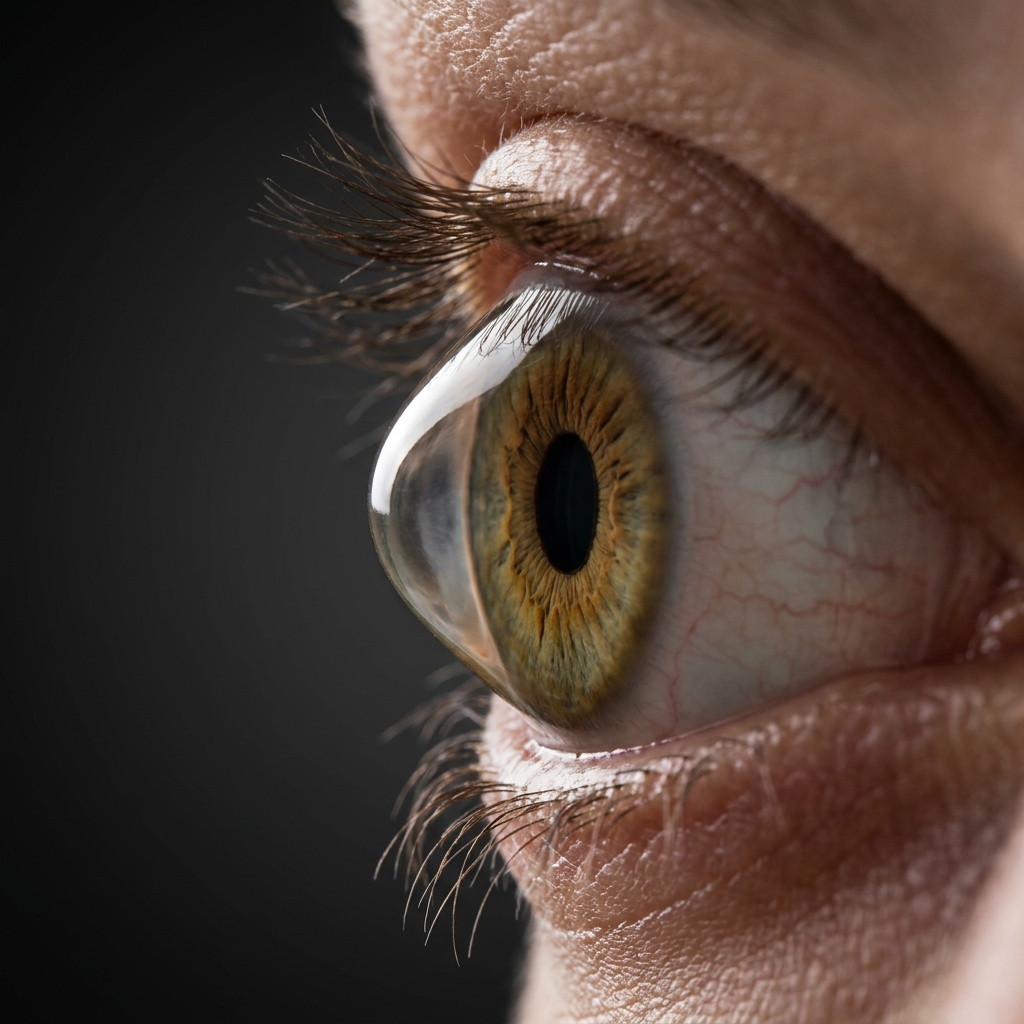 Close-up of an eye with keratoconus showing a cone-shaped cornea