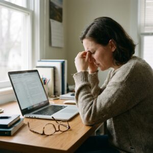 Michigan Contact Lens | Astigmatism and Headaches: Why It Happens and How to Fix It Person rubbing temples with a headache at a laptop, glasses on the desk