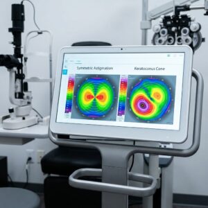 Topography maps comparing regular astigmatism to a keratoconus cone