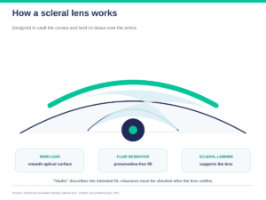 Diagram showing a rigid scleral lens vaulting the cornea, holding a preservative-free fluid reservoir and landing on tissue over the sclera.