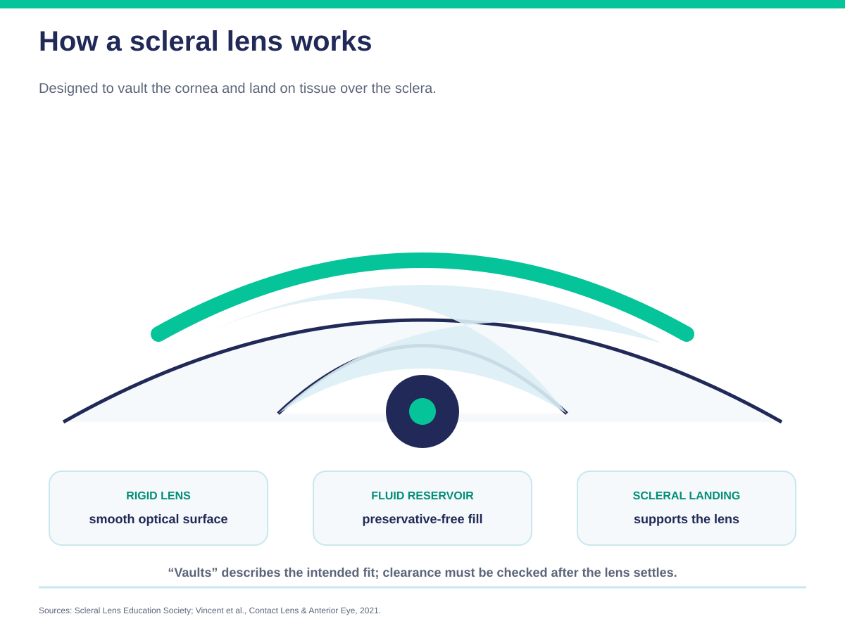 Diagram showing a rigid scleral lens vaulting the cornea, holding a preservative-free fluid reservoir and landing on tissue over the sclera.