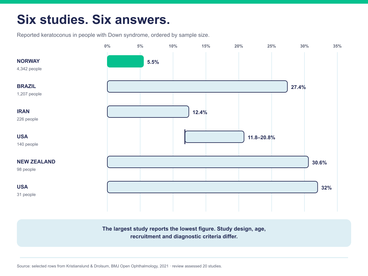 Bar chart of six studies of keratoconus in people with Down syndrome ordered by sample size, reporting between 5.5% and 32%.