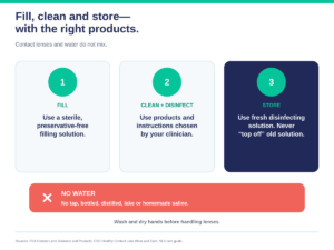 Scleral lens daily care: fill with sterile preservative-free solution, clean and disinfect as directed, store in fresh solution, and never use water.