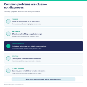 Common scleral lens problems including fogging, air bubbles, difficult removal, a red ring and cloudy surfaces, with guidance to seek review for recurring symptoms.