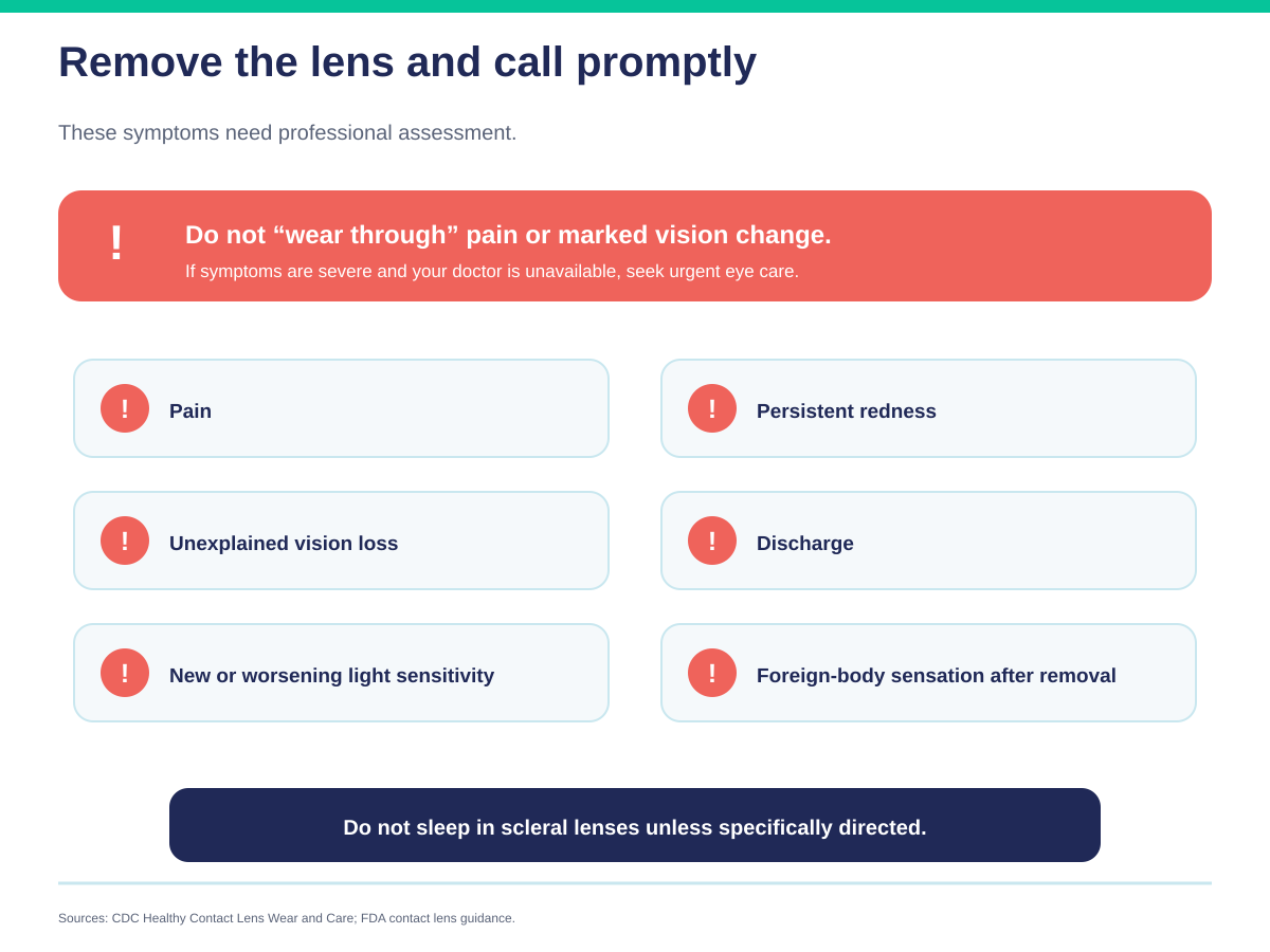 Warning signs to remove scleral lenses and call an eye doctor: pain, persistent redness, unexplained vision loss, discharge, light sensitivity or a persistent foreign-body sensation.